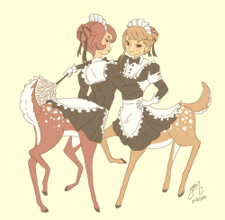 yamino:  I drew a new pic of my deertaur girls to cheer myself up today!  They’re not in maid outfits this time?? 