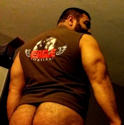 brutesndaddies:  Imagine waking up to this, in the middle of the night, with a woody! feeling, ass, hair, muscles, tummy, chest, beard, big balls, and a big o dick!  Seriously happens to me all the time!!