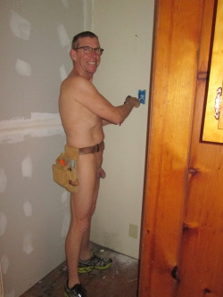 fun2bnaked:  It is advisable to wear rubber-soled shoes while doing electrical work, so you are insulated from ground – it is also advisable not to wear anything else, because it’s fun2bnaked!blkfshcrk-naturist Thank you for your submission!