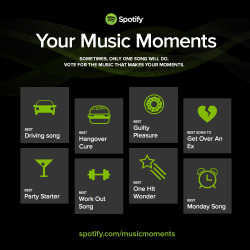 spotify:  We want to hear the music that soundtracks your moments! Vote for your top tracks here. #MusicMoments