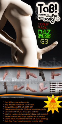  TaB (Twig and Berries) DAZ Studio G3 version, is a highly detailed male genital figure that can conform to DAZ&rsquo;s Genesis 3 male and female, and also Victoria 4 and Michael 4. It comes in four texture versions, which includes support for M4, G3M