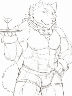 ralphthefeline:  A wolf waiter serving some drinks. Must not be a normal place if waiters are dressed like that~! 