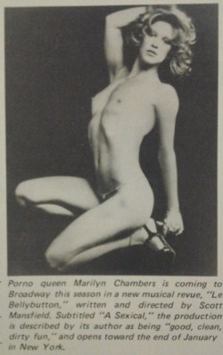 From After Dark magazine, January 1976. Le Bellybutton ran for 26 performances at the Diplomat Cabaret Theatre in New York in March 1976. Read about it here.