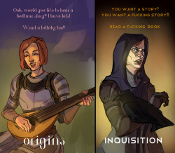 payroo:  origins leliana vs. inquisition leliana as meh as i am about the (off-screen) change, i still cracked up when she said something to that effect when my inquisitor asked if she knew ‘many tales’.