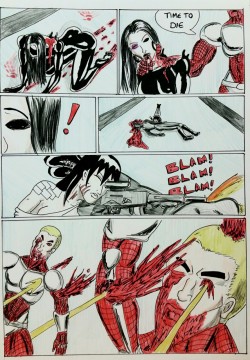 Kate Five vs Symbiote comic Page 125  The explosive return of Battle Angel! Taki, busted shoulder and all, uses a fallen guard’s rifle to blast chunks out of big red. Let’s face it, he had it coming!