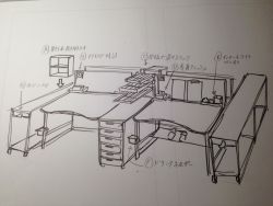 Isayama Hajime shares a sketch and photos of his new custom-made assistants’ desk, which has recently expanded from two seats to four seats, indicating also the increase in assistants since he first started the Shingeki no Kyojin series!The last photo
