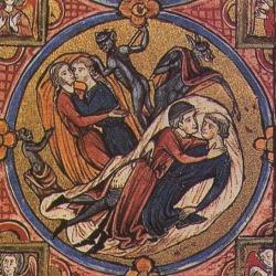 Bible Moralisée, c.1220. Scene depicting male and female homosexuality encouraged by devils.
