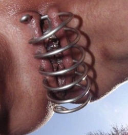 pussymodsgaloreSpiralling onto PMG! She has 12 piercings in her outer labia, and a metal spiral has been wound through them, closing off her pussy. Chastity piercing.