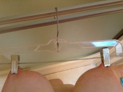 clipsnpins: clipsnpins:  Time to hang the slut up to dry! If this post gets 50 notes in the next two hours, this slut will rubber band itâ€™s tits and hang from the clamping hanger until its nipples are ripped free from the clamps. If the post gets 100