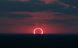 sixpenceee:The following are pictures of rare sunset solar eclipses. They are when an eclipse and a sunset occur at the same time. 