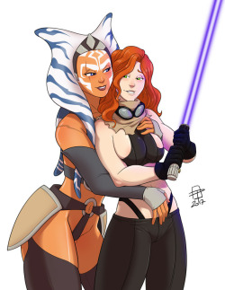 pinupsushi:  Color commission for awr74 of an alternate and sexier, Star Wars universe where warrior Ahsoka sees much potential in a young Mara Jade and offers her a little hands-on teaching in the ways of the Jedi.