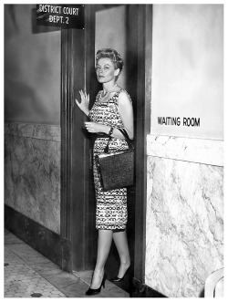 Vintage press photo dated from July 22nd - 1959, features Lili St. Cyr walking out of a courtroom in Reno, Nevada.. She had just won a divorce from husband #5 (of 6): Edgar Friedman (aka. actor Ted Jordan).. They had been married since 1955..