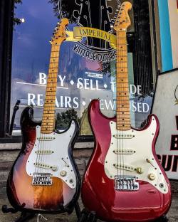 imperialvintageguitars:  #straturday with Two 1983 Fender Smith-Era Rare 2-Knob Strats.  Sunburst and Candy Apple Red.  Stop in our #burbank  shop to check them out! #shop #magnolia #guitarshop #sale #guitarist #guitar #fender #strat #stratocaster #music