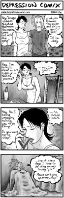 depressioncomix:  depressioncomix:  depression comix - 254 - View Site - View Patreon   It’s been a while since I added a commentary. I often use these characters to show positive behaviors towards depression but the reality is that most people wouldn’t
