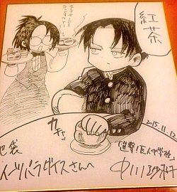 Magazine Fuji shares an original illustration card of Hanji &amp; Levi by Nakagawa Saki, mangaka of Shingeki! Kyojin Chuugakkou as part of the Sweets Paradise collaboration!Levi is emphasizing his preference for tea!ETA: Magazine Fuji also adds coasters