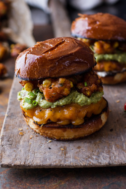 do-not-touch-my-food:  Chipotle Cheddar Burgers with Mexican Corn Fritters