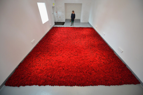 nyctaeus:  Anya Gallaccio, ‘Red on Green’, 2012 Anaya Gallaccio’s Red On Green (2012) is a gradual installation piece, a living breathing demonstration of life and death. Favouring organic materials, Gallaccio laid 10,000 red roses across the
