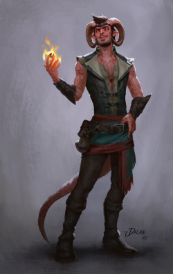 davidtalaskidraws:  Wild magic?  It’s just an occupational hazard.  Made a new painting of my husband’s Tiefling sorcerer.  I like the old one, just wanted an updated version to go with the rest I’ve been doing of the party.  He also has a cool
