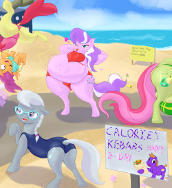 saggislapsdojo:  Meanwhile at Horseshoe Bay, its a special pony’s Birthday. Oh look, that calorie feller is having a special for birthday pones. guess those blank flanks were happy to give their place in line for such a special pony and her friend..