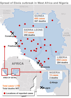 futurist-foresight:  A look at the spread of the current ebola epidemic. yahoonews:  Nigeria’s Jonathan declares state of emergency over Ebola Nigeria has confirmed seven cases of Ebola in its commercial capital Lagos since a man fell sick on arrival