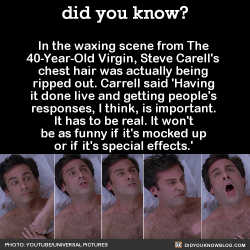 did-you-kno:    There were five cameras set up because the scene had to be done in one shot. Good interview and behind the scenes videos: Graham Norton Show: Carrell talks about Miki Mia nearly tearing his nipple off On the set for this scene Source 