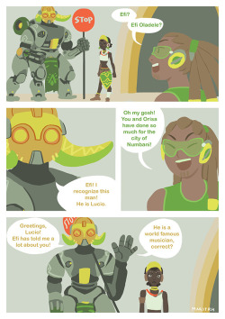 singultus: In my head I want Lucio to be everyone’s biggest fan and he legit fanboys out after meeting them.  Nondescript Numbani background because Orisa took like 5 hours to draw   help my hand hurts   I could really go for some Lucio-oh’s right