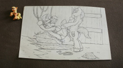  Auction Week - Day 7 | Bondage Rarity in Big Mac   Shining Armor threesome   This drawing had the most votes of all the available drawings. AJ looks kinda small compared to this piece. Have fun bidding :3 BONUS: By request, I will remove her chestboobs