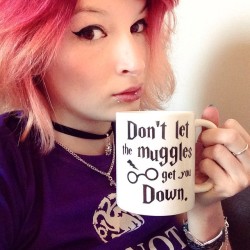 kitty-in-training:Don’t let the muggles get you down. andy0683 spoiled me, this mug was another gift from him ❤️😸☕️  I know the main attraction in this picture is meant to be the mug but could I just say kitty-in-training look absolutely