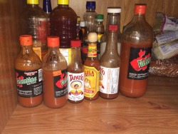 mexicanisamerican:  You know just in case we run out of salsa   Mhm. Lol I like how there are three Valentina bottles and they have all been opened and used
