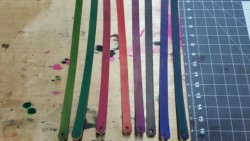 dominionleathershop:  8 collars in 8 colors Kelly green, forest green, oxblood, scarlet red, violet, bison brown (its a bad dye, had issues with it), light blue, aqua green  Aqua 😍