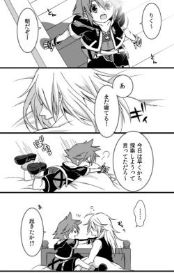 tumtumtumimacatlover:  Source (❁´◡`❁)*✲ﾟ* Awww, this is the cutest Soriku comic I’ve seen in a while~ Sleepy!Riku is adorable, and I love their affection so much~ (o;TωT)o 
