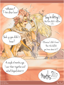 approvesport:  uh-oh! Cat’s out of the bag!Some NaLu with hint of Gajevy… Yeah, Gajeel and Levy would totally sneak around about their relationship ^^