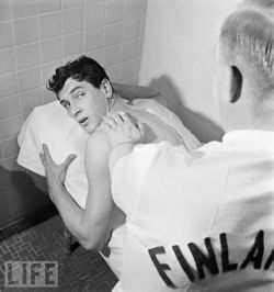 thehenchfiles:  Rock Hudson getting a massage at the Finlandia Baths in Hollywood, CA, 1950 □