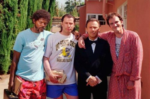 aiiaiiiyo:Samuel L. Jackson, John Travolta, Harvey Keitel, and Quentin Tarantino on the set of Pulp Fiction, 1993 Check this blog!