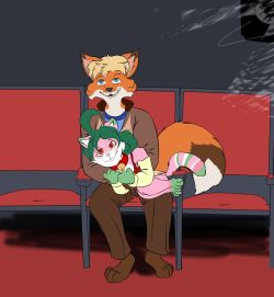 orsonfoe:  orsonfoe:  @catwithbenefits  has one of the  “draw myoc” things while back with the theme of being on a date.  so  after a while ifinish this. snuggling up while watching a movie. and only now do i relize that i forgot to draw in snacks