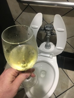 ideas4drmgirl69:Crystal at a chain restaurant bar complained she didn’t like the wine so she was given a replacement from the men’s room which she finished like the thirsty slut she is. She said she was sure that one of the waitresses was on to what