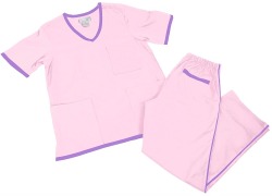 Smileyscrubs:  Contrast Trim Scrub Set In Pink/Lilac,3 Pocket V-Neck Top,Lower Pockets