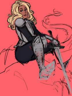Trying to do a totes adult-real-artist-seriously-guys painterly pic. WIP of said attempt with Adrienne in her knight&rsquo;s armor and sword atop a slain demon.  I just fucking love all of the human/angel relationships and how different they are. Adrienne