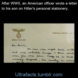 ultrafacts:  Richard Helms was a US Navy officer during World War II and later the Director of the CIA. At the end of the war in 1945, he wrote a letter  to his young son on Hitler’s personal stationery:  “Dear  Dennis,” reads the letter from Helms,