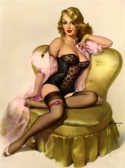 hotwifescuck:   Gil Elvgren - “Lola” (Sitting Pretty) 1955 - Gil Elvgren produced several illustrations of beautiful ladies sitting and gave each a name. His sitting models in this series were always in beautiful lingerie and some of his most beautiful