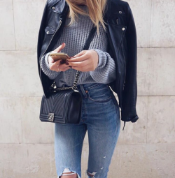 classy-lovely:  Black Leather Jacket  Sweater  Coupon code: Zaful3rd 