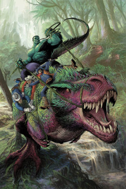 xombiedirge:  Indestructible Hulk #12 (WIP &amp; Final cover) by Mukesh Singh  Hulk wrangling dinosaurs with cowboys? Sign me up.