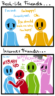 ariyous-dusk-mod:  ask-frostburn:  shadow141:  seressu:  When adults tell me Internet Friends aren’t real friends I get sad.  This is always getting reblogged.  This is too true.   I am a mix between the green and pink ones. My friends can talk to me