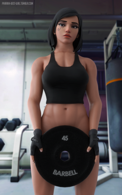 pharah-best-girl: At the gym! SFW and NSFW versions. Another remake of a render I did in SFM. Models used: Pharah, Barbell 