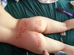 daddies-cumwhore:  gratefuldaddy:  Daddys cum all over his babygirl, vids and more will b up later  hehehe Daddy’s cum all over me :3 and you can see the tip of his cock ;) sorry for the hair brush,marker and matches :p 