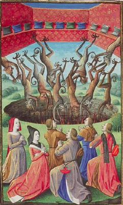 demonagerie:  The Hague, MMW, 10 A 11, detail of fol. 351v (‘True Religion liberating mankind from the gods: devils falling into hell; Christians praying’). Augustine, La Cité de Dieu (Vol. I). Translation from the Latin by Raoul de Presles. Paris;
