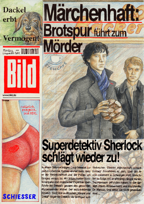 khorazir:  My second entry for the “Let’s Draw Sherlock“ Culture Swap: Sherlock and John have made the cover of one of Germany’s most notorious newspapers, "Bildzeitung” (comparable to the “Daily Fail Mail”). The headlines