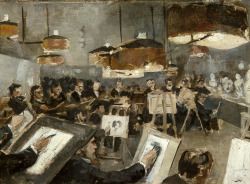 blastedheath:  Théo Van Rysselberghe (Belgian, 1862-1926), Cours de dessin à l’Academie [Drawing class at the Academy], 1881. Panel, 26.7 x 37.5 cm. 