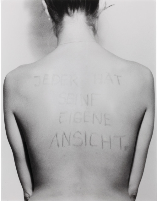 nobrashfestivity:    Birgit Jürgenssen Jeder hat seine eigene Ansicht (Everyone Has His Own Point of View)  1975black and white photograph38 x 29.5cm.