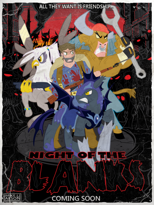 This was commissioned by someone on deviantART called CommanderCTC, and he wanted me to make a L4D-style poster with one of Luna’s royal knight guards, a WWI soldier, a mechanic minotaur, and a griffon about to fight some Blanks.